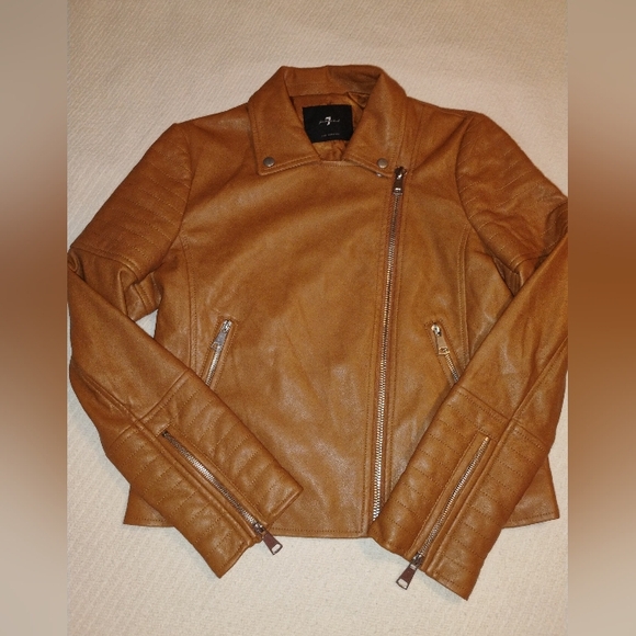 7 For All Mankind Camel Brown Vegan Leather Moto Jacket - Picture 9 of 10